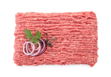 Raw ground meat, onion, peppercorns and parsley isolated on white, top view