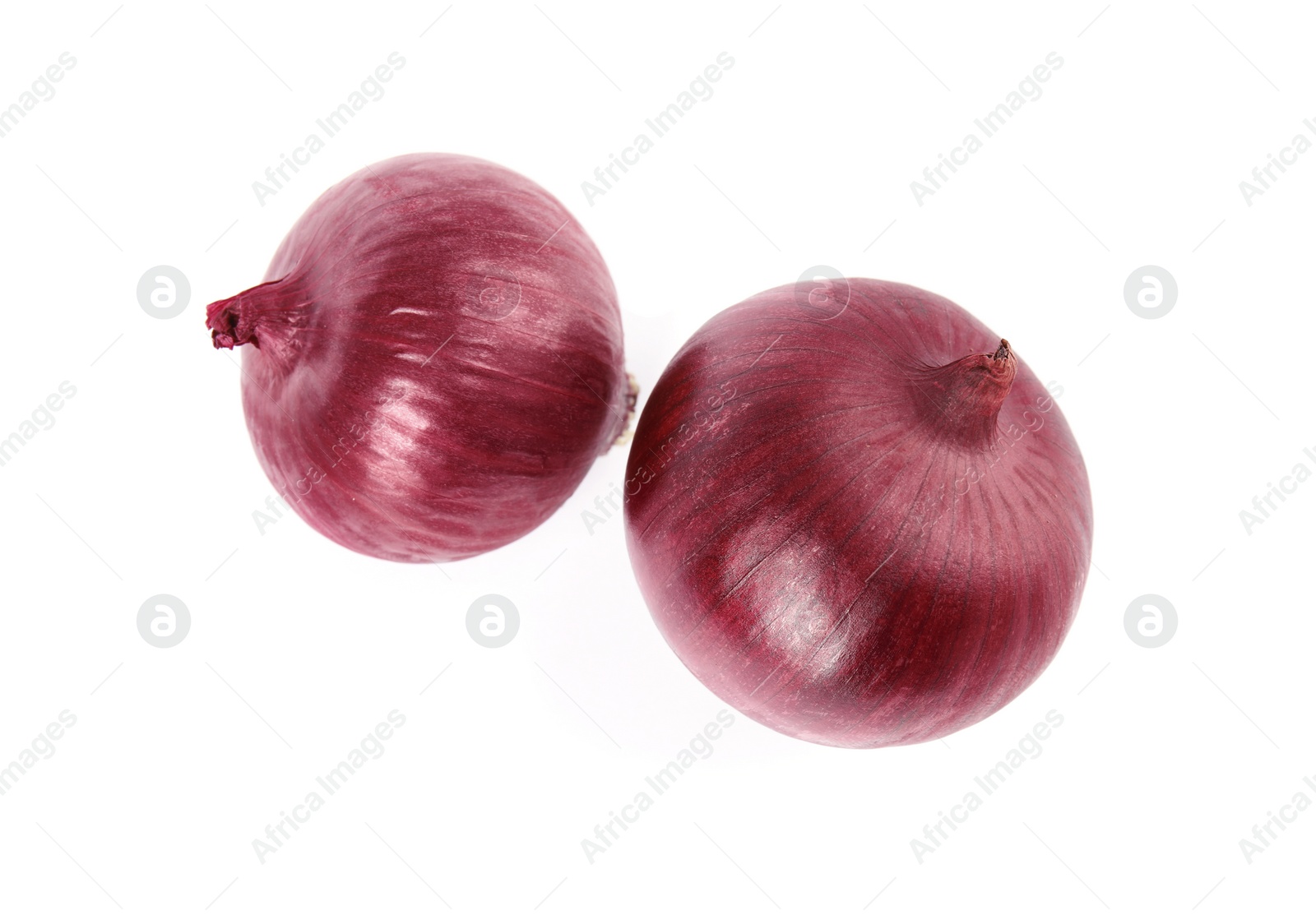 Photo of Fresh whole red onions on white background, top view