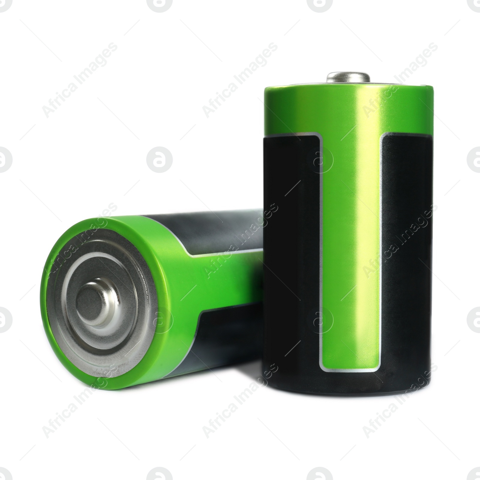 Image of New D batteries on white background. Dry cell