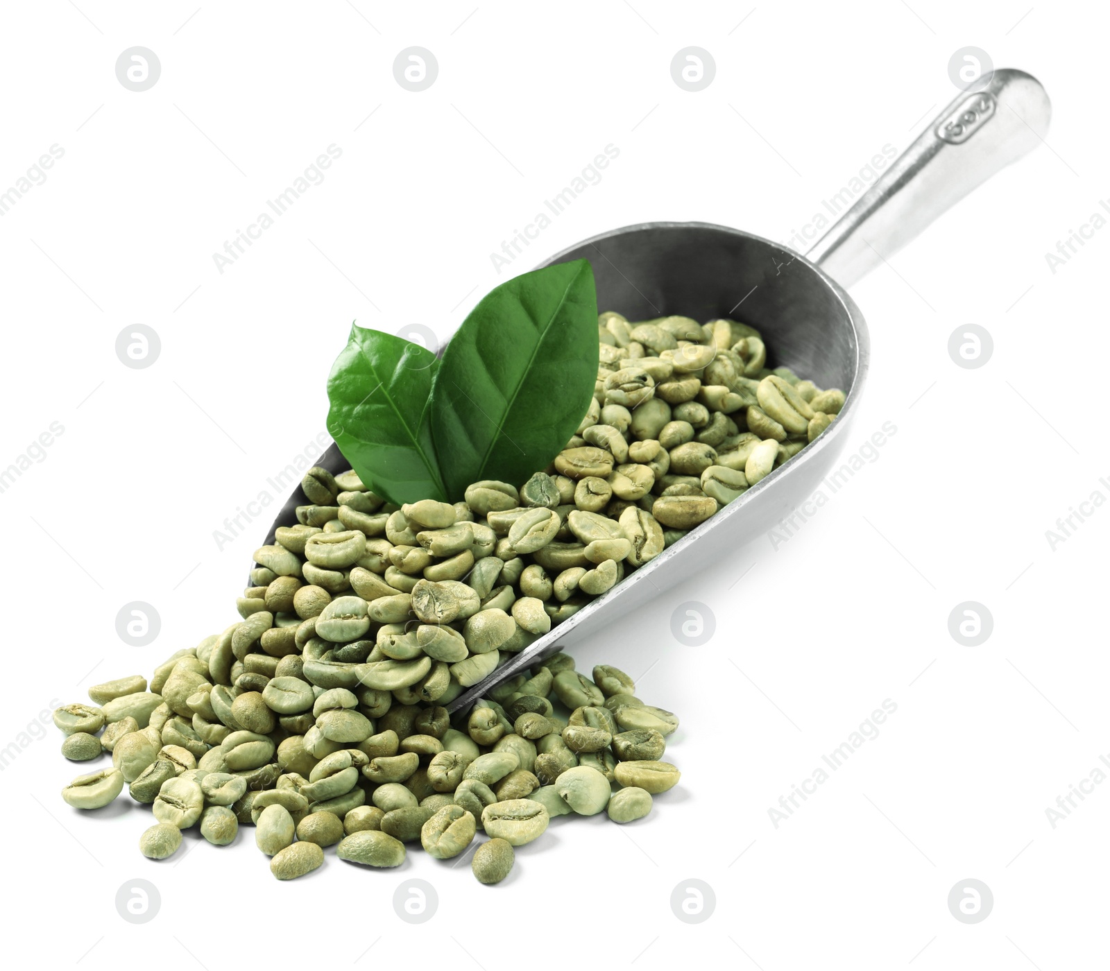 Photo of Pile of green coffee beans, leaves and scoop on white background