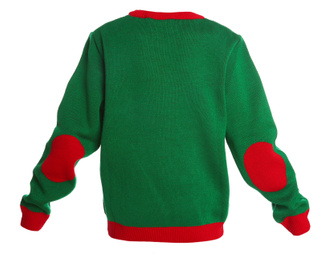 Warm green Christmas sweater on white background, back side