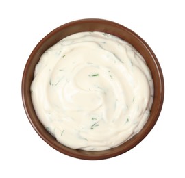 Tasty creamy dill sauce in bowl isolated on white, top view