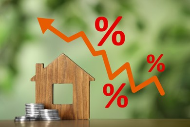 Image of Mortgage rate rising illustrated by upward arrow between percent signs. Wooden house model and coins on table