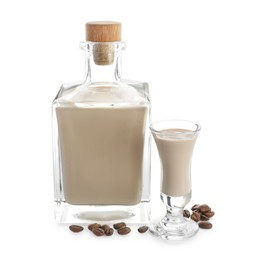 Photo of Coffee cream liqueur in bottle, glass and beans isolated on white