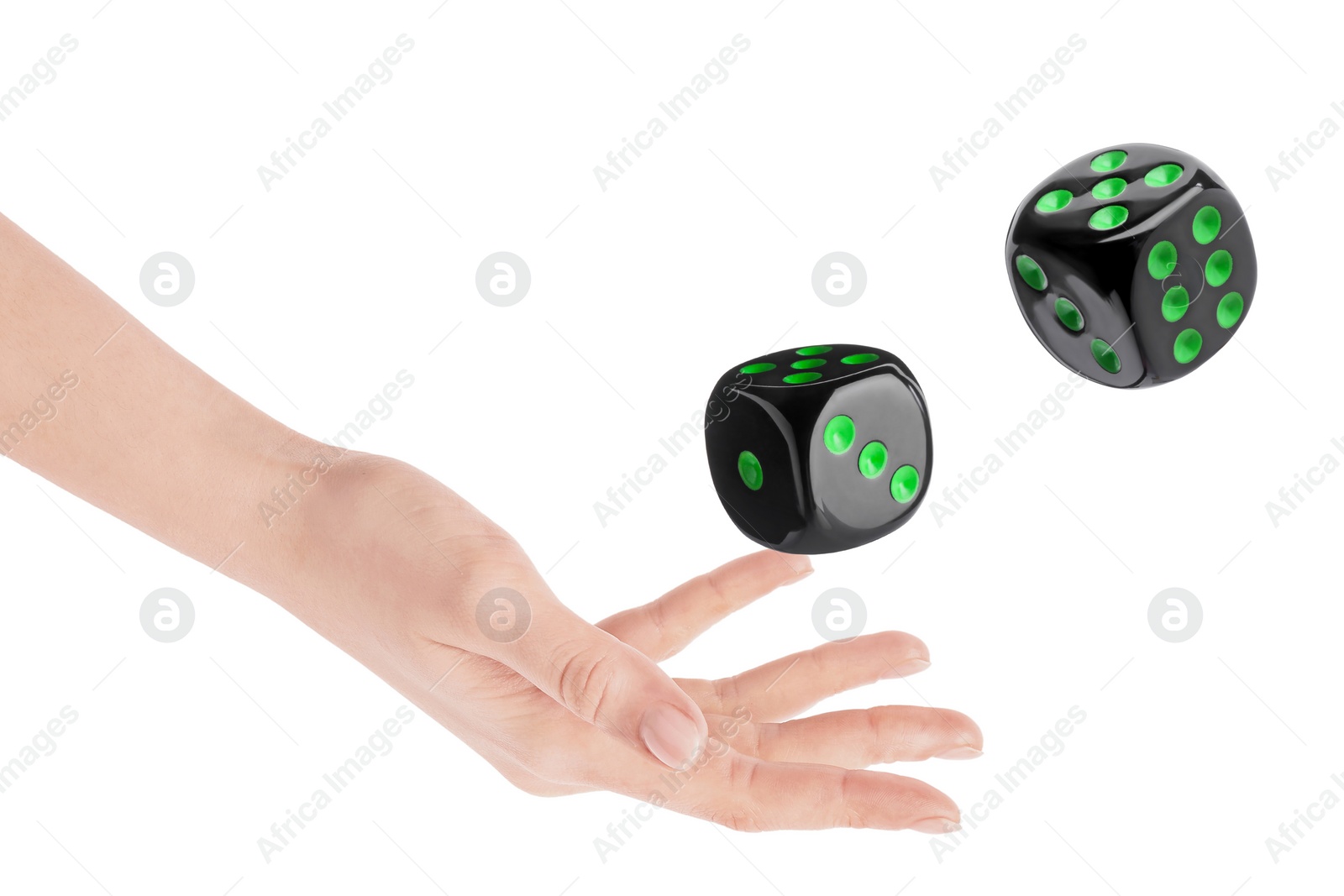 Image of Woman throwing black dice on white background, closeup