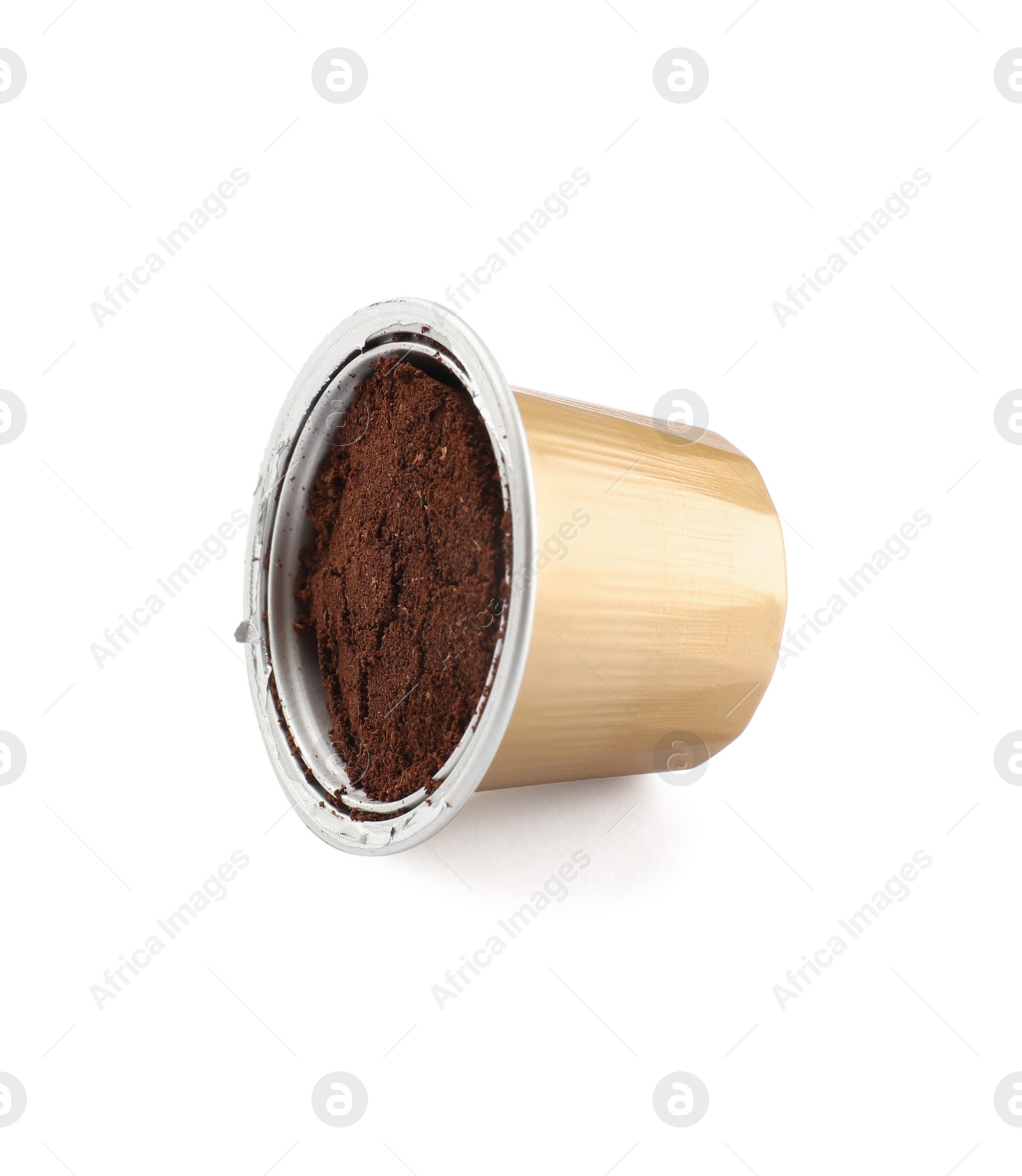 Photo of One open plastic coffee capsule isolated on white