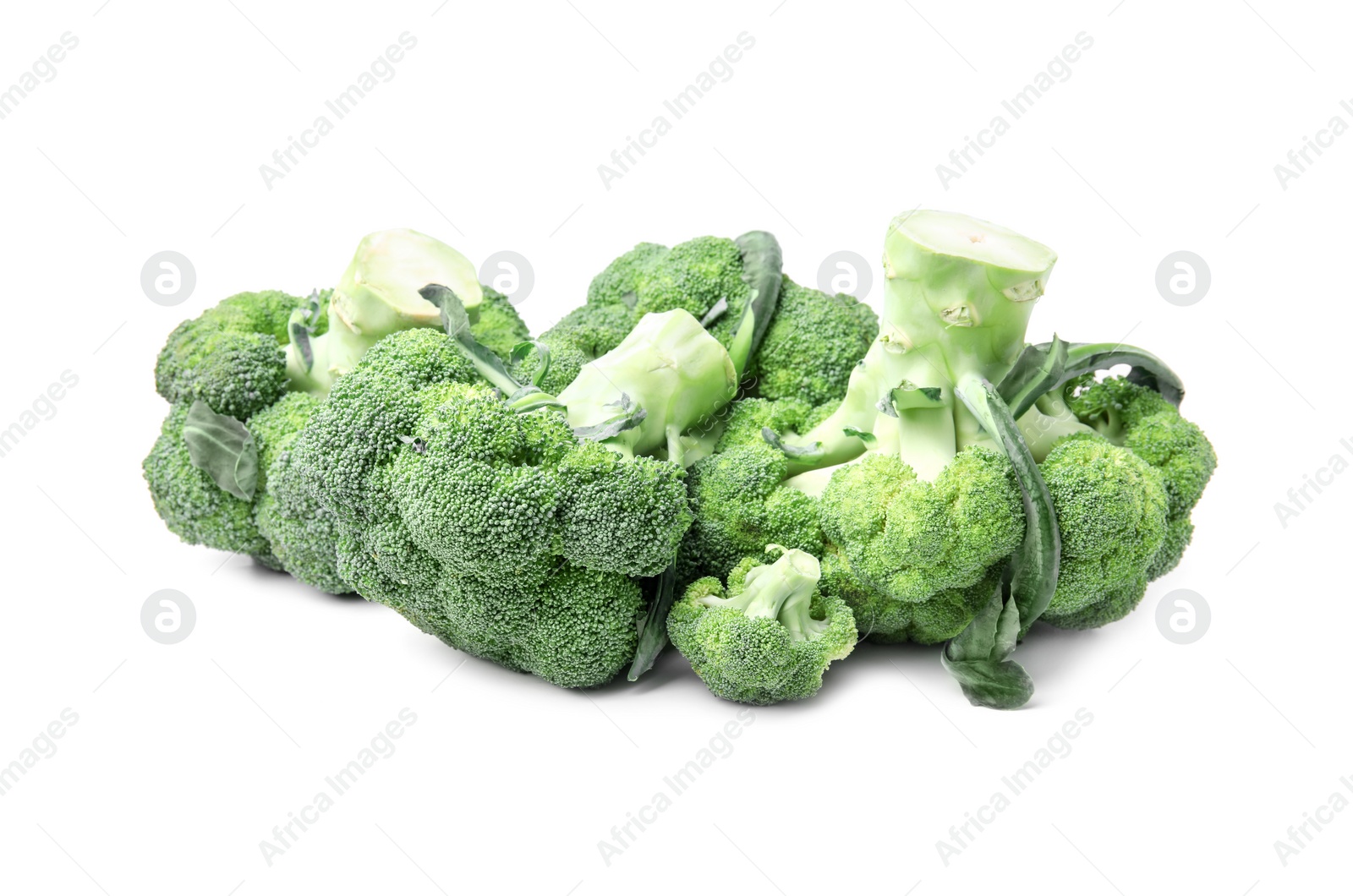 Photo of Pile of fresh raw green broccoli isolated on white