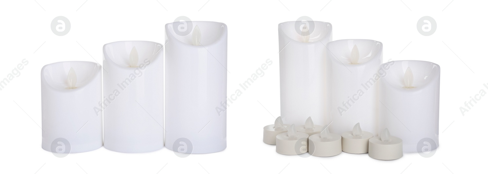 Image of Set with decorative flameless LED candles on white background. Banner design