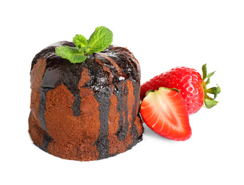 Delicious warm chocolate lava cake with mint and strawberries isolated on white
