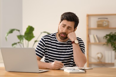 Photo of Home workplace. Tired man working with laptop at wooden desk in room