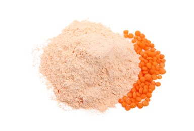 Photo of Pile of lentil flour and grains on white background