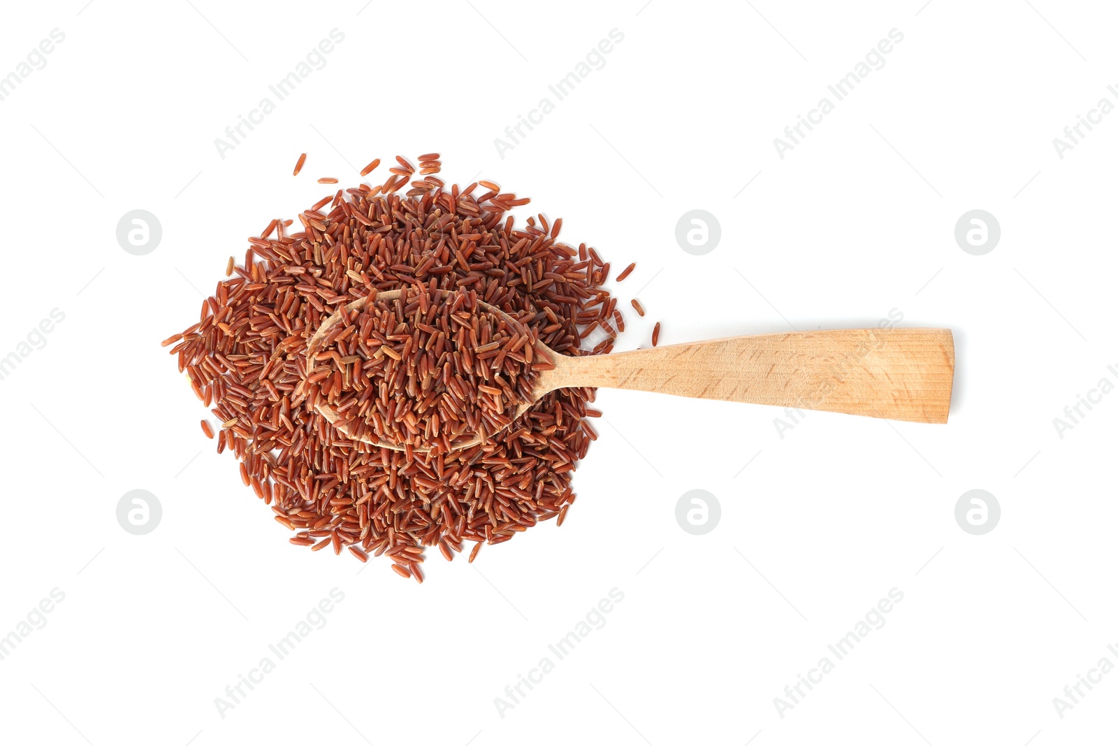 Photo of Spoon and uncooked brown rice on white background, top view