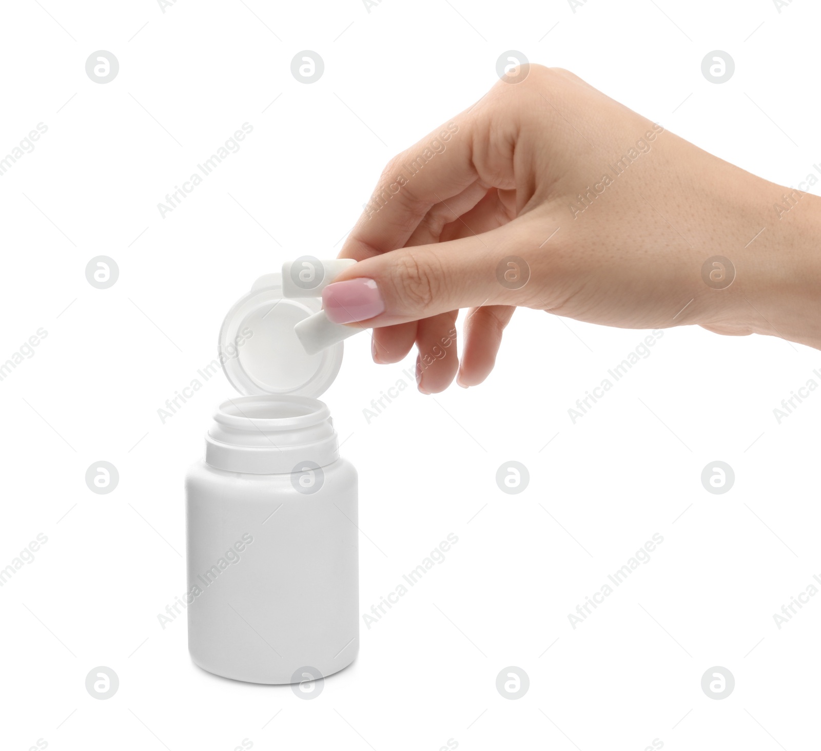 Photo of Woman taking chewing gum pieces from jar on white background, closeup
