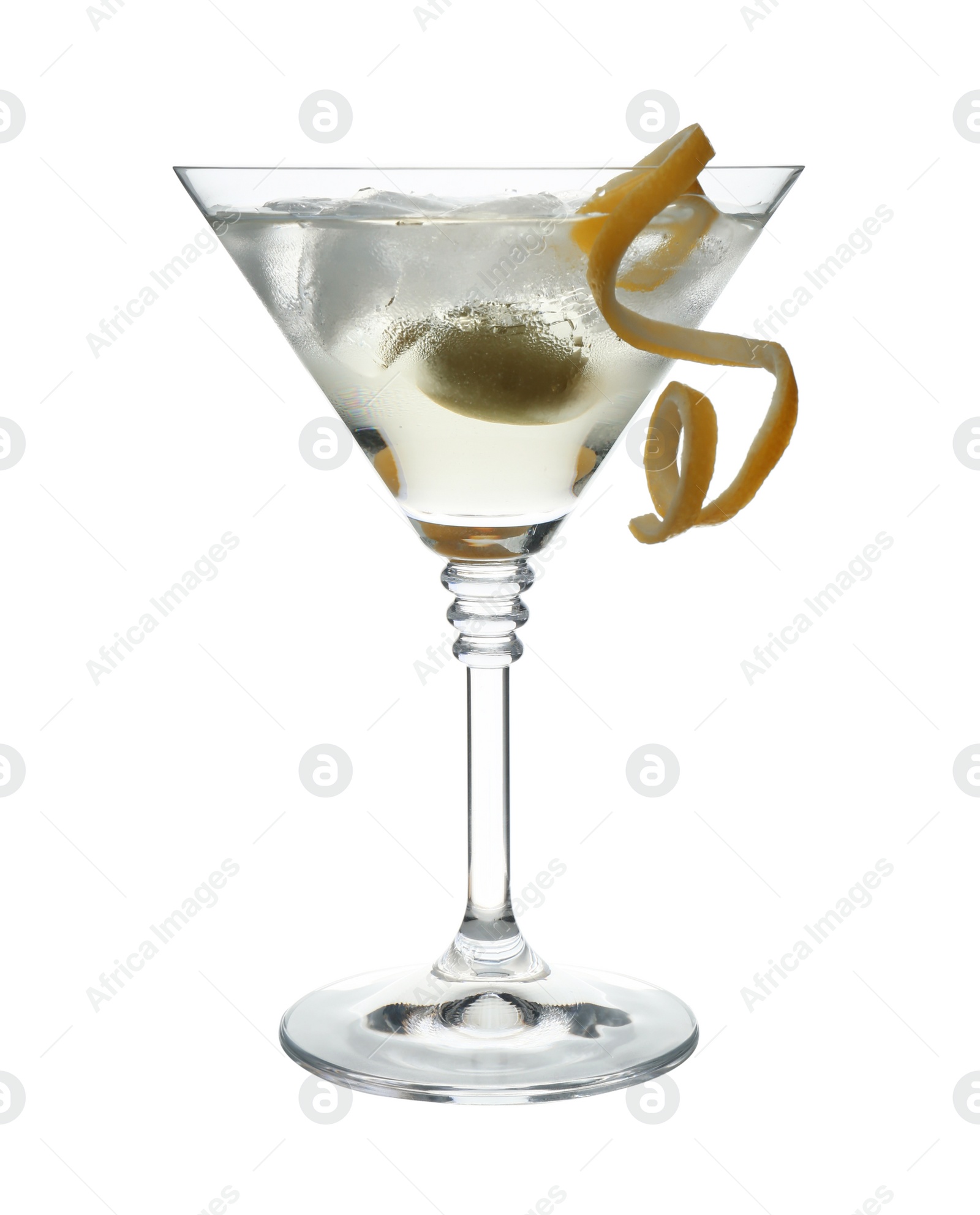 Photo of Glass of classic martini cocktail with ice cubes, lemon zest and olive on white background