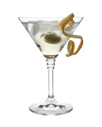 Photo of Glass of classic martini cocktail with ice cubes, lemon zest and olive on white background