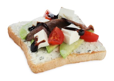 Photo of Delicious sandwich with anchovy, cheese, tomato and sauce on white background