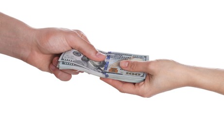 Photo of Money exchange. Man giving dollar banknotes to woman on white background, closeup