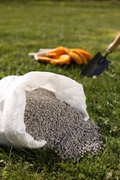 Photo of Granulated fertilizer in sack on green grass outdoors, closeup