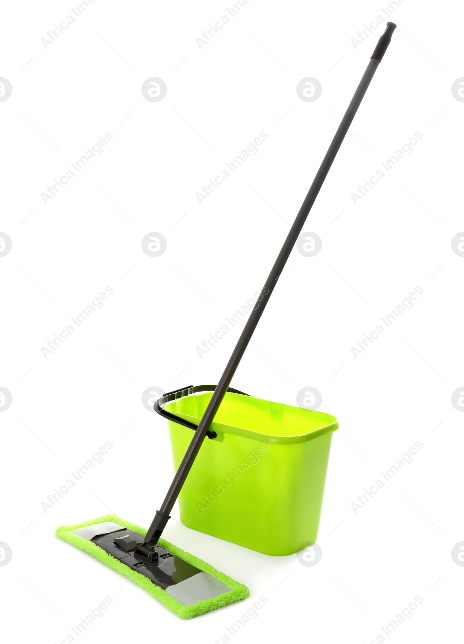 Photo of Mop and plastic bucket on white background. Cleaning service