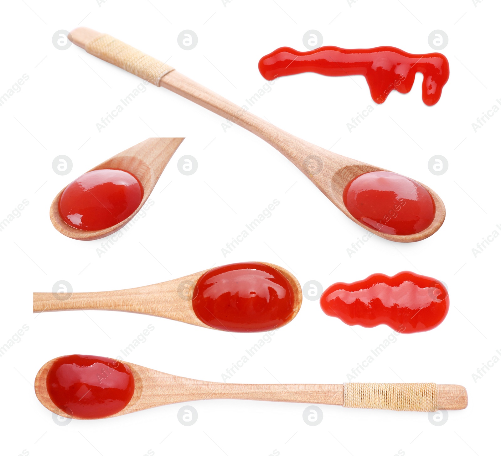 Image of Set of tasty ketchup in wooden spoons and smears on white background, different views