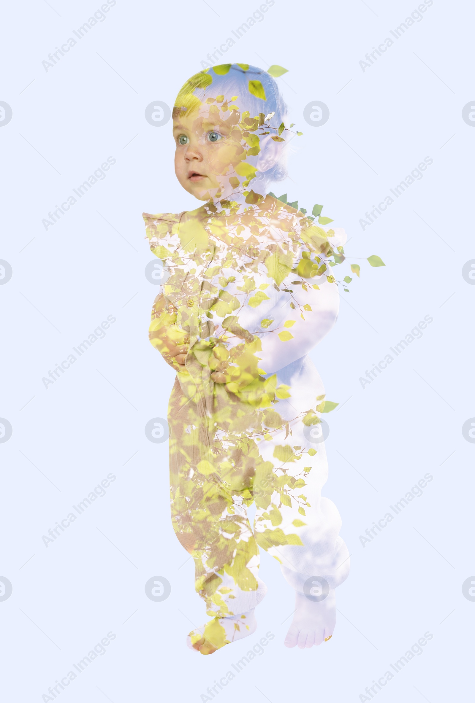 Image of Double exposure of cute little child and green tree on light blue background