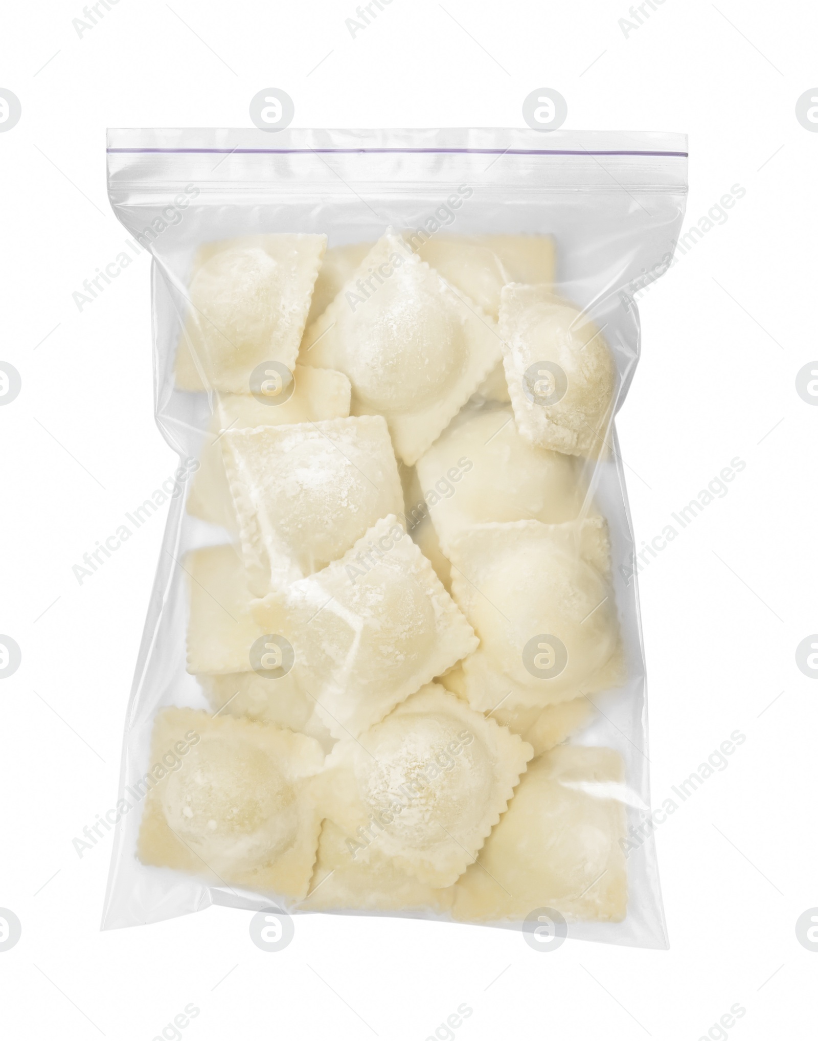 Photo of Plastic bag with uncooked ravioli on white background, top view