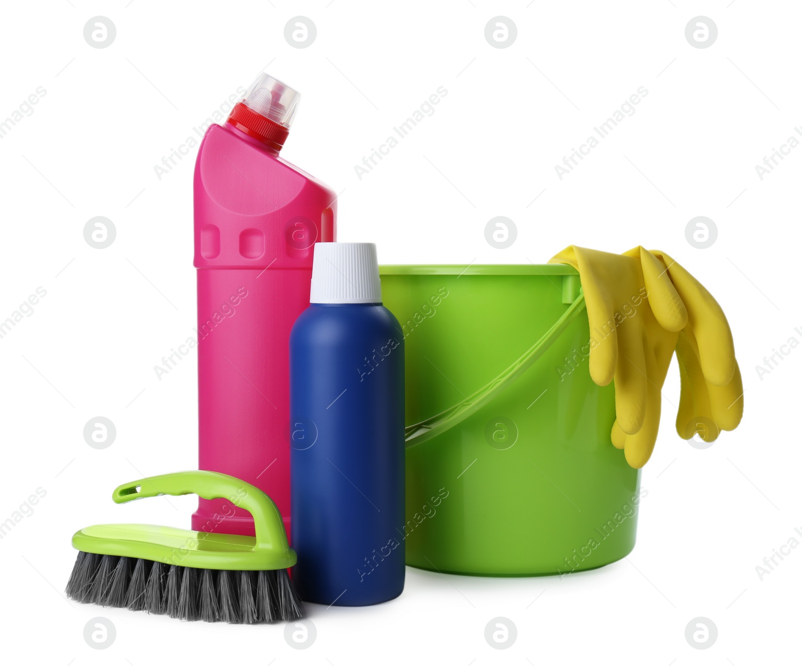 Photo of Set of different cleaning supplies on white background