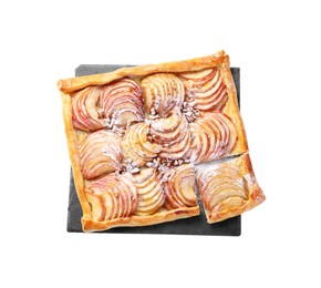 Photo of Freshly baked apple pie with nuts and powdered sugar isolated on white, top view