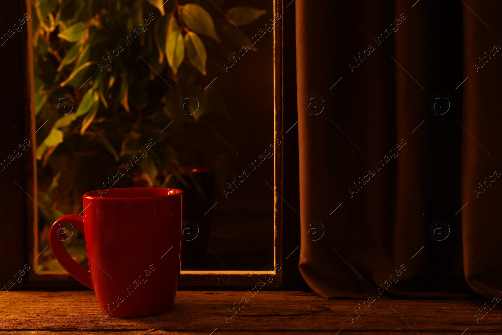 Photo of Red cup on wooden table near window indoors at night