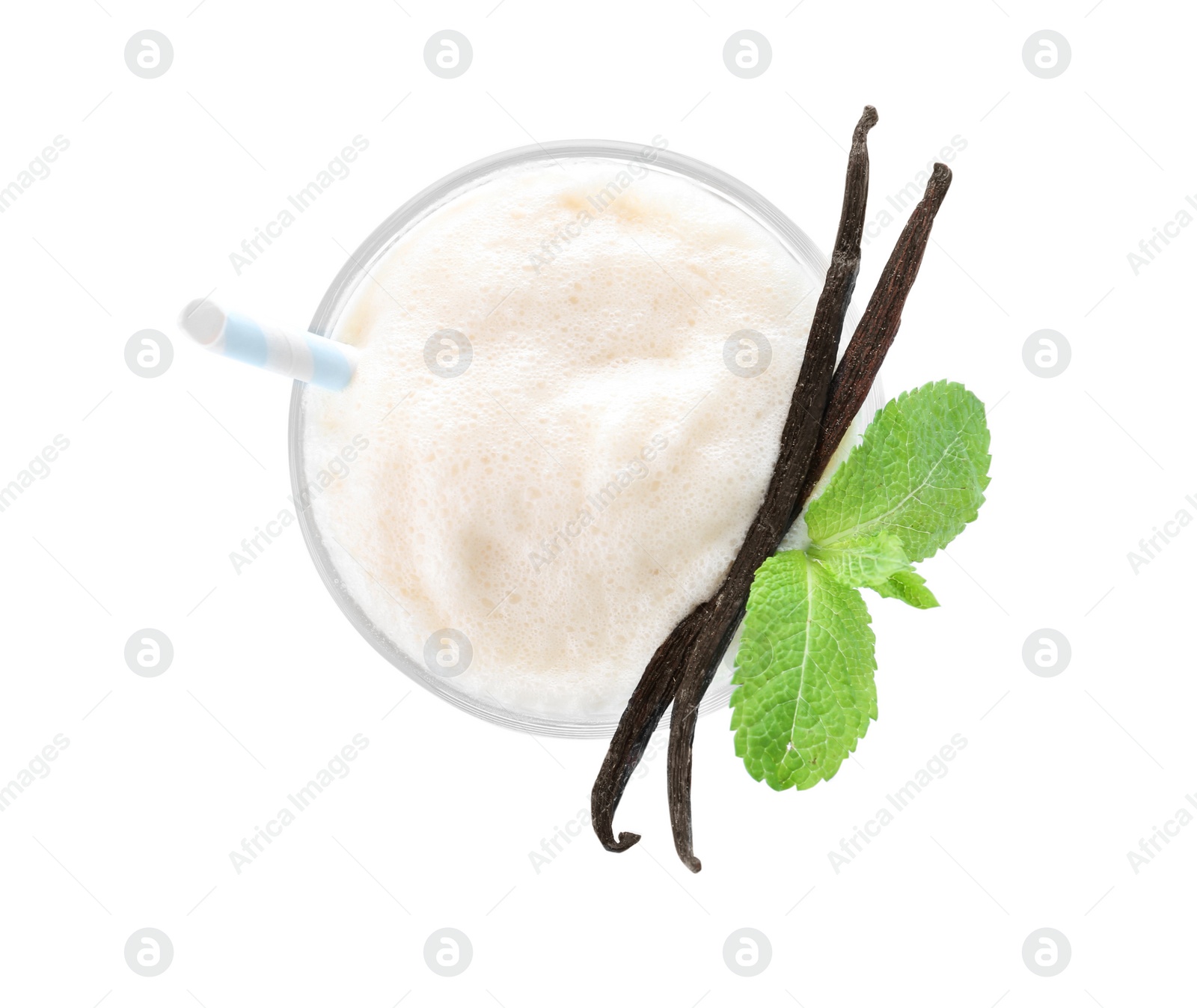 Photo of Glass with delicious milk shake on white background, top view