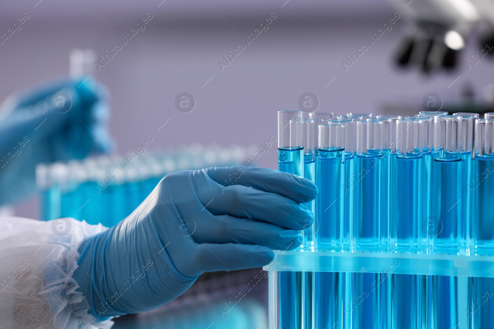 Photo of Scientist taking test tubes with light blue liquids in laboratory, closeup