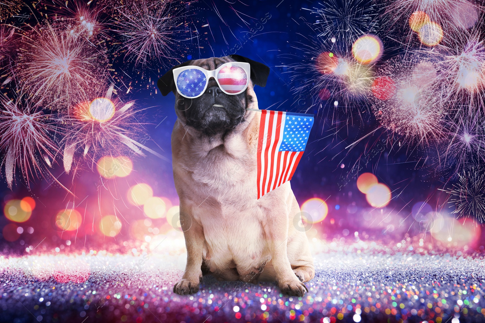 Image of 4th of July - Independence Day of USA. Cute dog with sunglasses and American flag on festive background with fireworks and glitters, bokeh effect