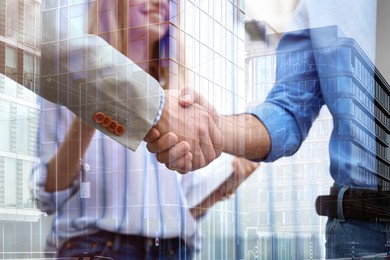 Image of Partnership, cooperation, collaboration. Double exposure of buildings and people shaking hands