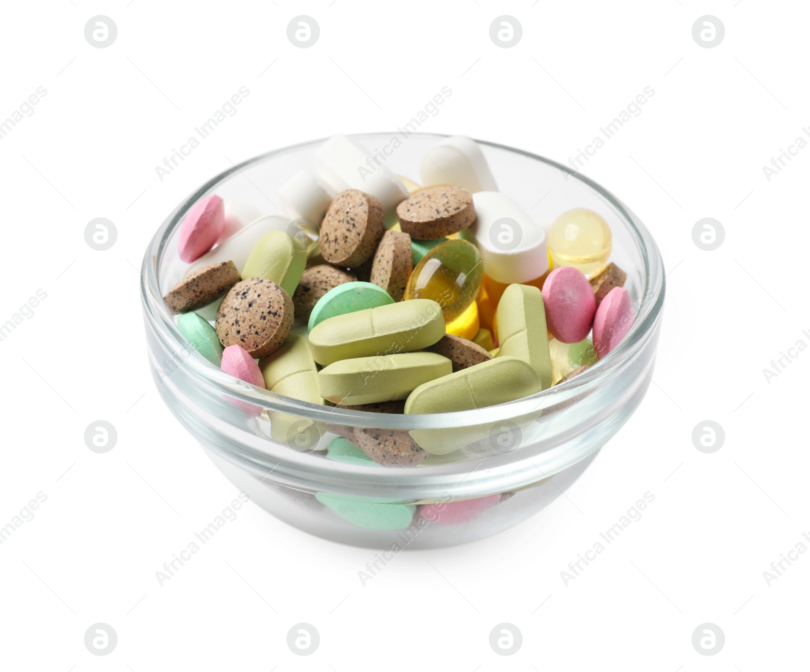 Photo of Different vitamin capsules in bowl isolated on white