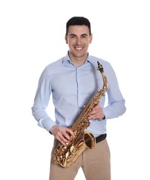 Young man with saxophone on white background