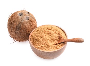 Photo of Coconut sugar in bowl, spoon and fruit isolated on white