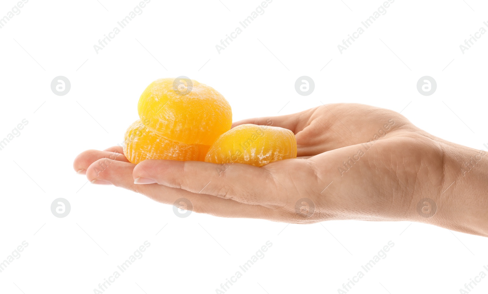 Photo of Woman with delicious mochi on white background, closeup. Traditional Japanese dessert