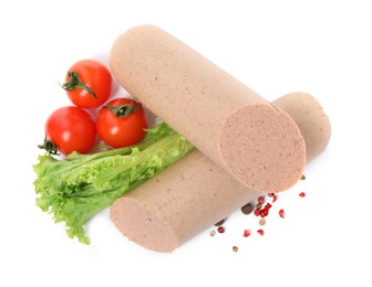 Photo of Delicious liverwurst with cherry tomatoes, lettuce and spices on white background, top view