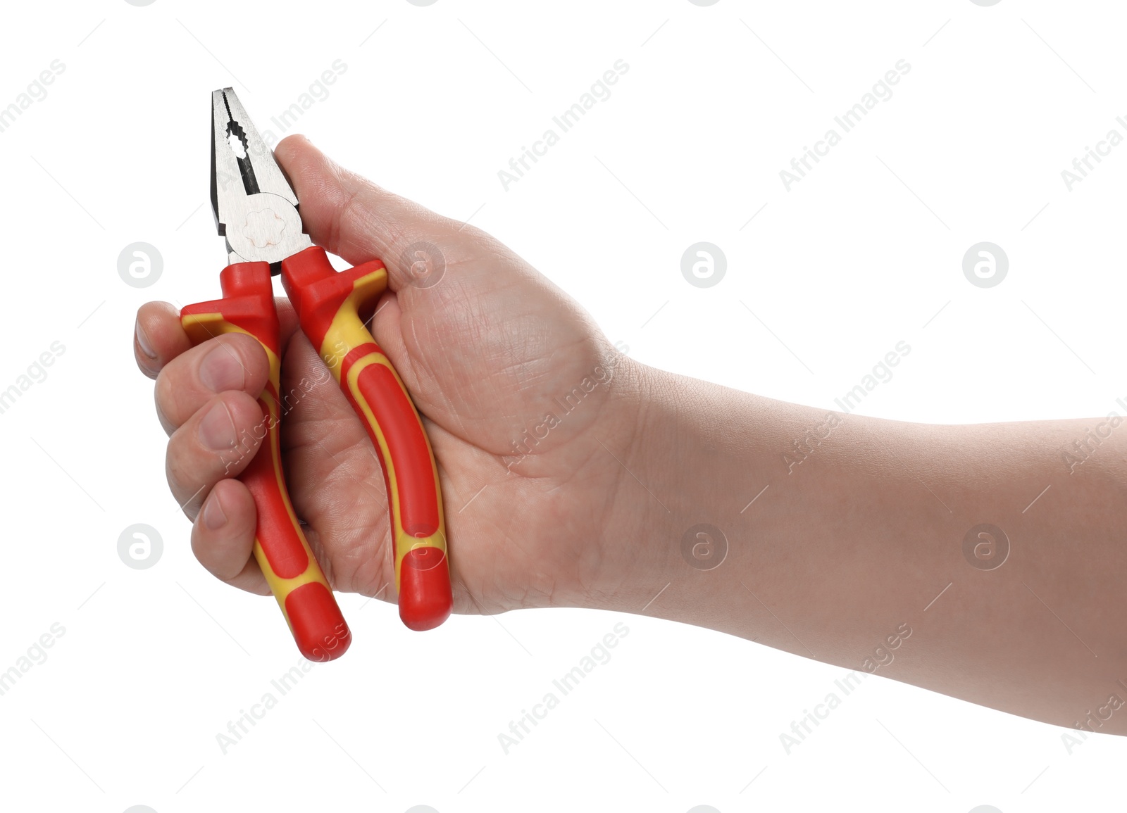 Photo of Man with combination pliers on white background, closeup