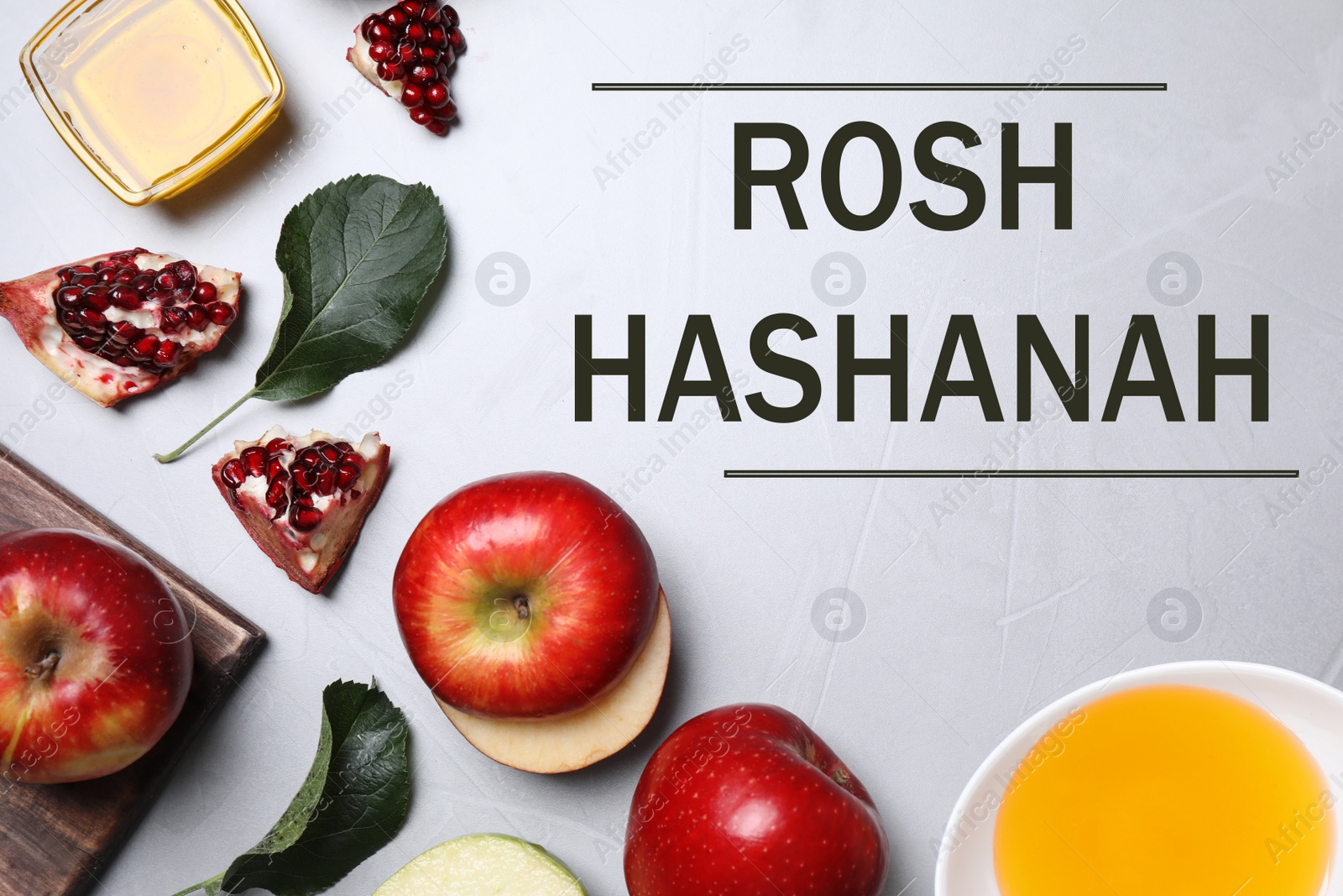 Image of Honey, apples and pomegranate on light table, flat lay. Rosh Hashanah holiday