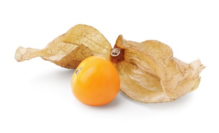 Photo of Ripe physalis fruit with calyx isolated on white