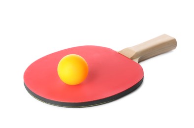 Photo of Ping pong racket and ball isolated on white