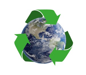 Image of Illustration of recycling symbol and Earth on white background