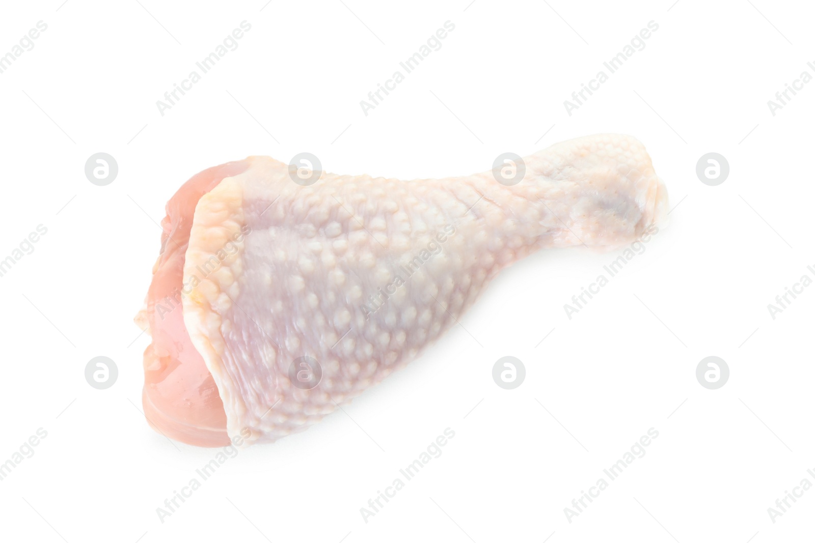 Photo of Raw chicken drumstick on white background. Fresh meat
