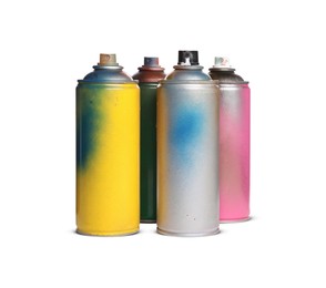 Photo of Used cans of spray paints on white background