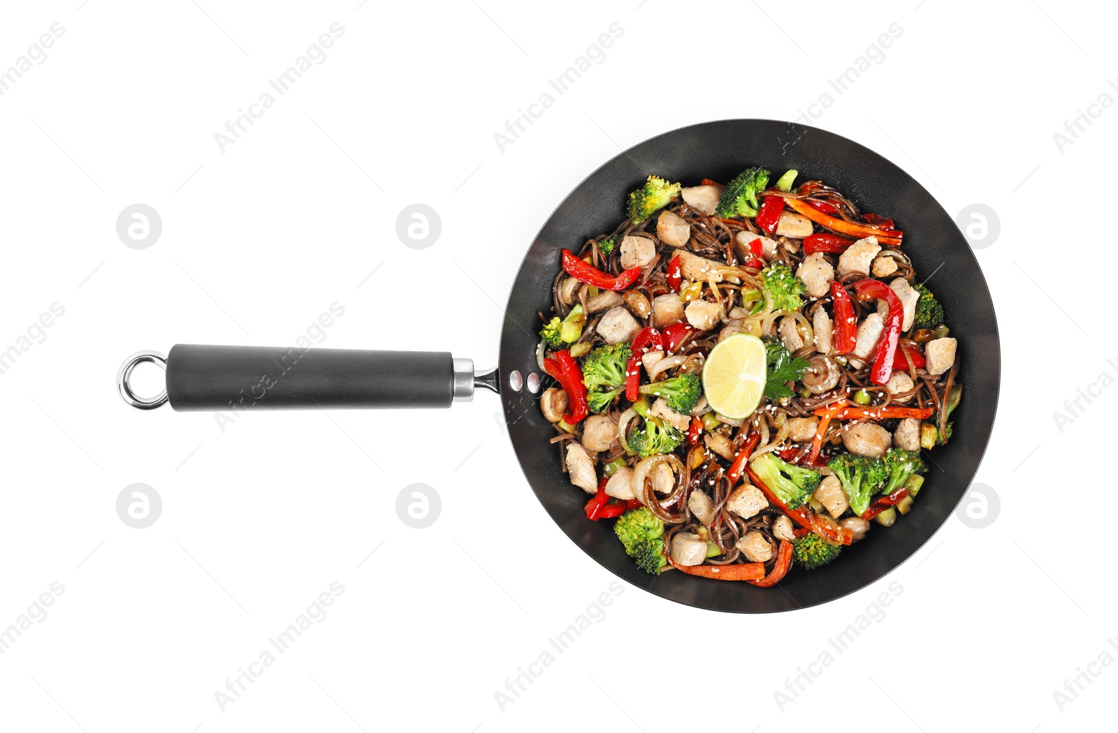 Photo of Stir-fry. Tasty noodles with meat and vegetables in wok isolated on white, top view