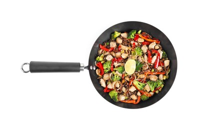 Photo of Stir-fry. Tasty noodles with meat and vegetables in wok isolated on white, top view