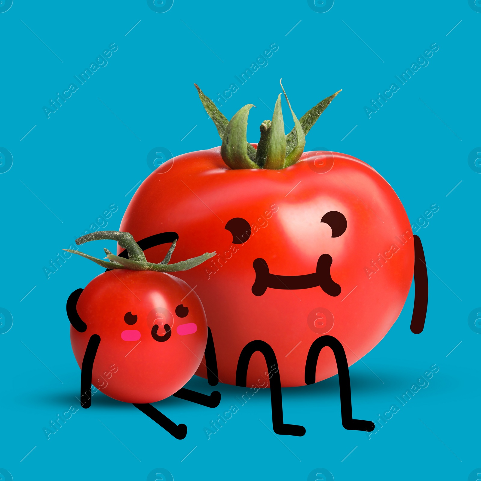 Image of Creative artwork. Parent and child tomatoes hugging on light blue background. Objects with drawings on light blue background