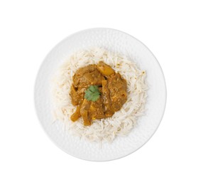 Photo of Delicious chicken curry with rice isolated on white, top view