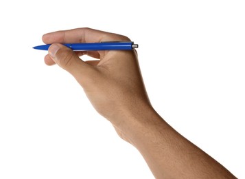 Man holding pen on white background, closeup of hand